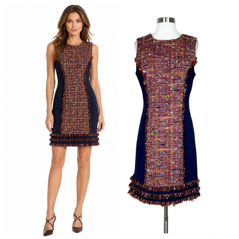 NEW DVF | Jacey Tweed Fringe Navy Blue Red Sleeveless Designer Sheath Dress 10